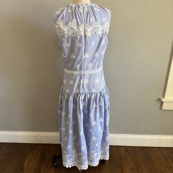 Monique Lhuillier Blue Sleeveless Embroidered Lace Poplin Midi Dress Size 10 EUC - Picture 3 of 9